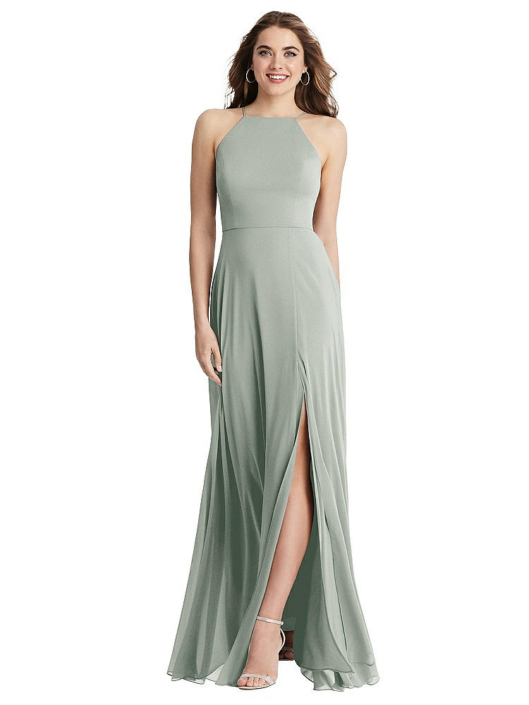 Lovely High Neck Chiffon Maxi Dress With Front Slit - Lela In Green