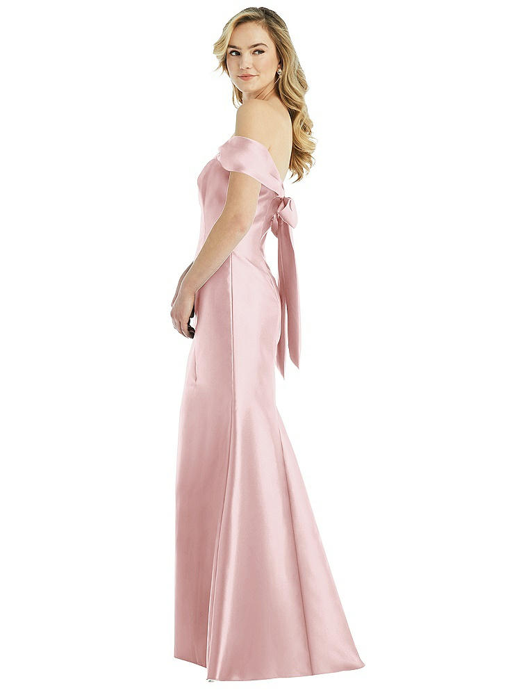 Alfred Sung Off-the-shoulder Bow-back Satin Trumpet Gown In Pink