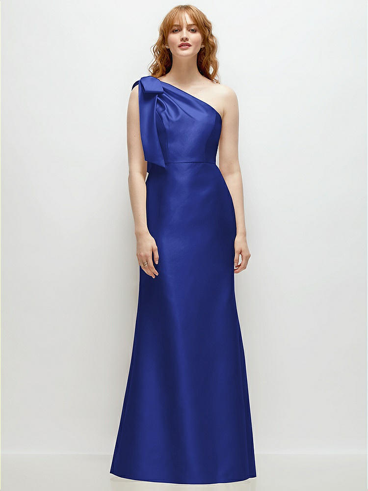 Alfred Sung Bow One-shoulder Satin Trumpet Gown In Blue