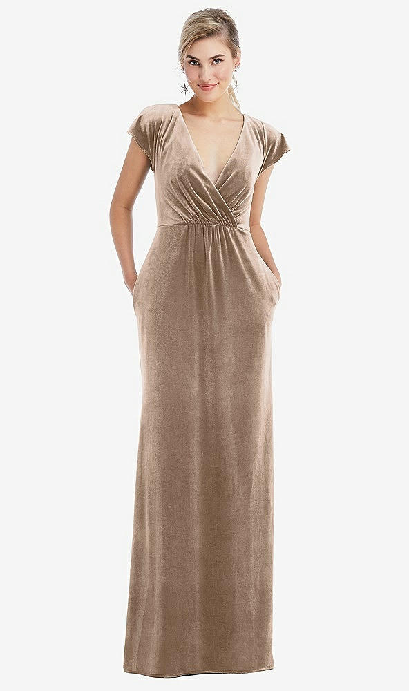 Flutter Sleeve Wrap Bodice Velvet Maxi Bridesmaid Dress With Pockets In