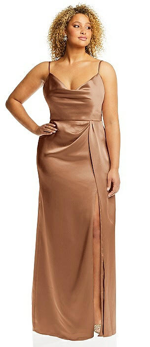 Cowl-Neck Draped Wrap Maxi Dress with Front Slit