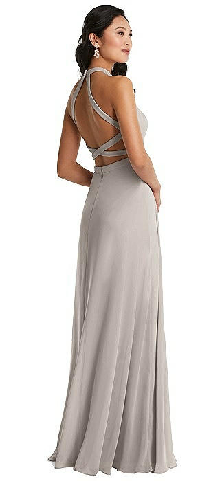 Stand Collar Halter Maxi Dress with Criss Cross Open-Back