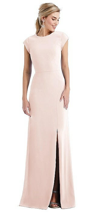 Cap Sleeve Open-Back Trumpet Gown with Front Slit