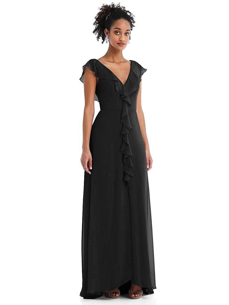 black cap sleeve bridesmaid dress Black Lace Chiffon A-Line Long Elegant Dress main image 1