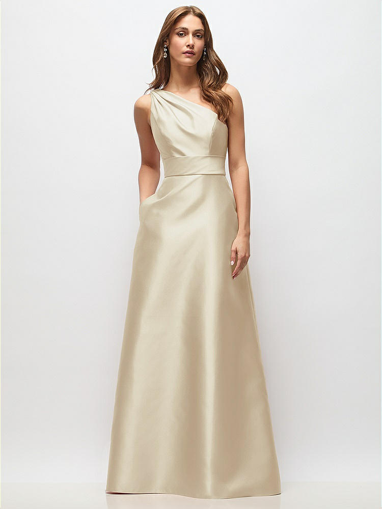 Draped One-Shoulder Satin Maxi Dress with Pockets in  Champagne