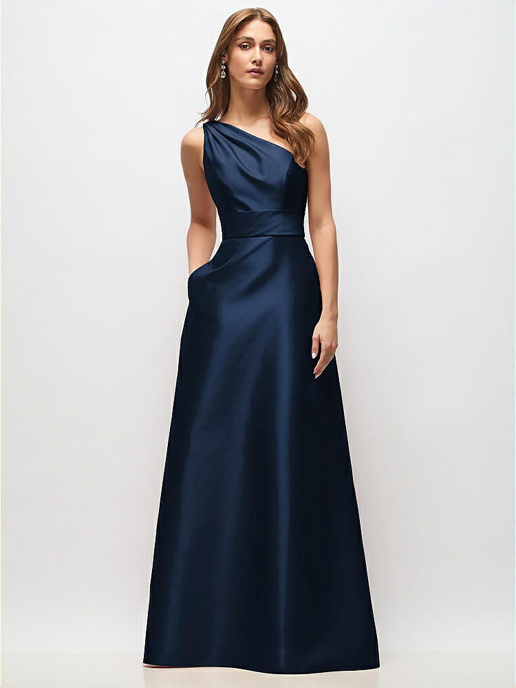 Draped One-Shoulder Satin Maxi Dress with Pockets in  Midnight Navy