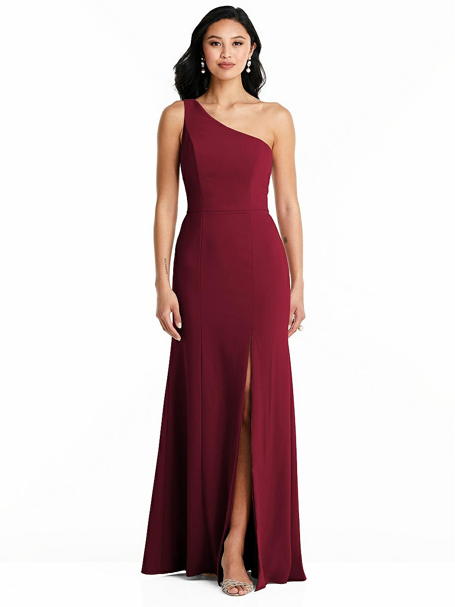 burgundy one shoulder evening dress Three Quarter Sleeve Shift Dress With Floral Embellished Cuffs In Cabernet main image 0