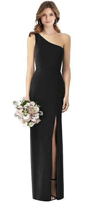 One-Shoulder Crepe Trumpet Gown with Front Slit