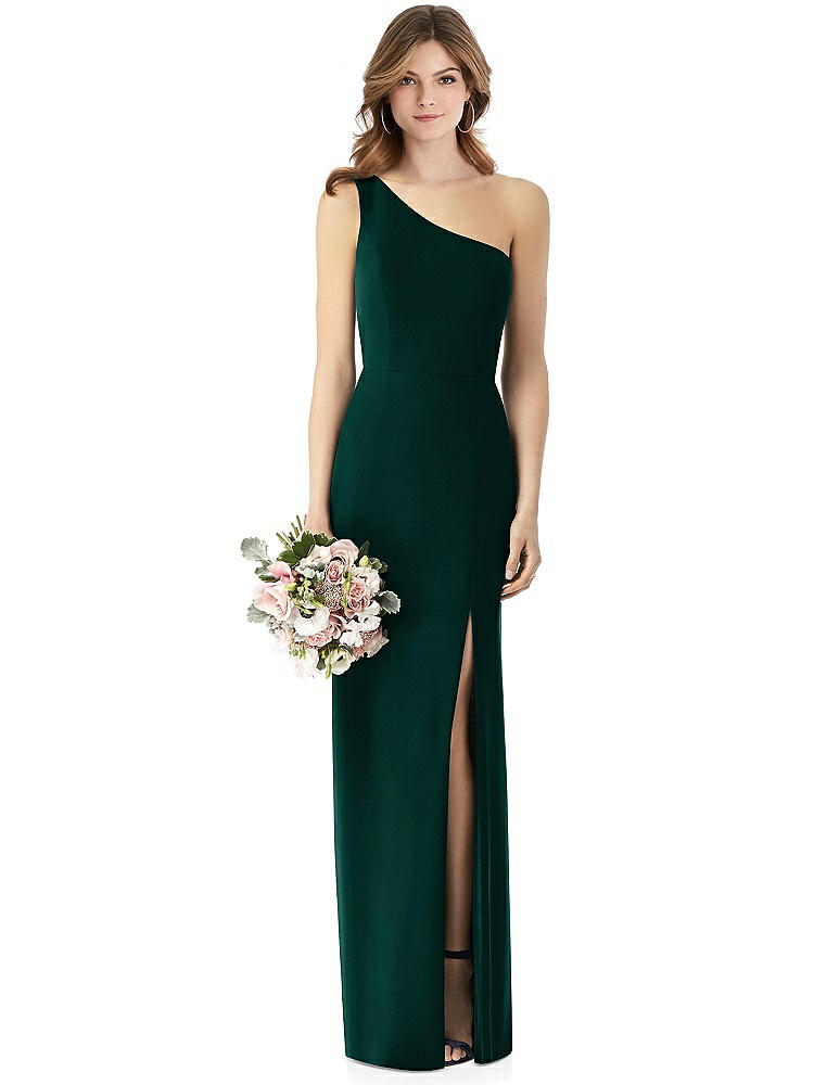 One-Shoulder Crepe Trumpet Gown with Front Slit in  Evergreen