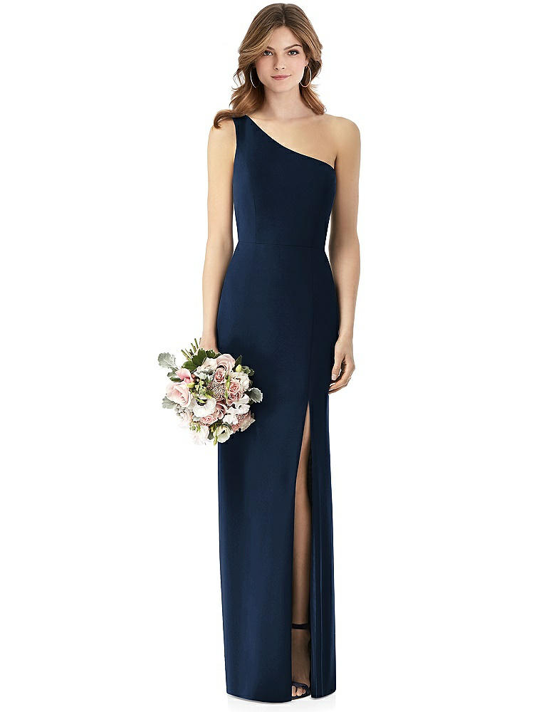 One-Shoulder Crepe Trumpet Gown with Front Slit in  Midnight Navy