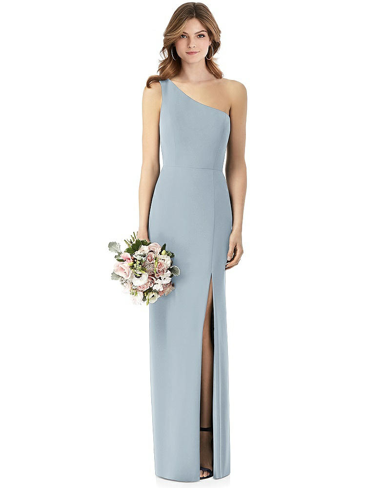 One-Shoulder Crepe Trumpet Gown with Front Slit in  Mist