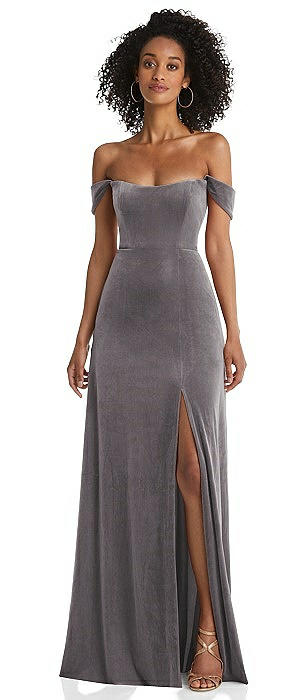 Off-the-Shoulder Flounce Sleeve Velvet Maxi Dress