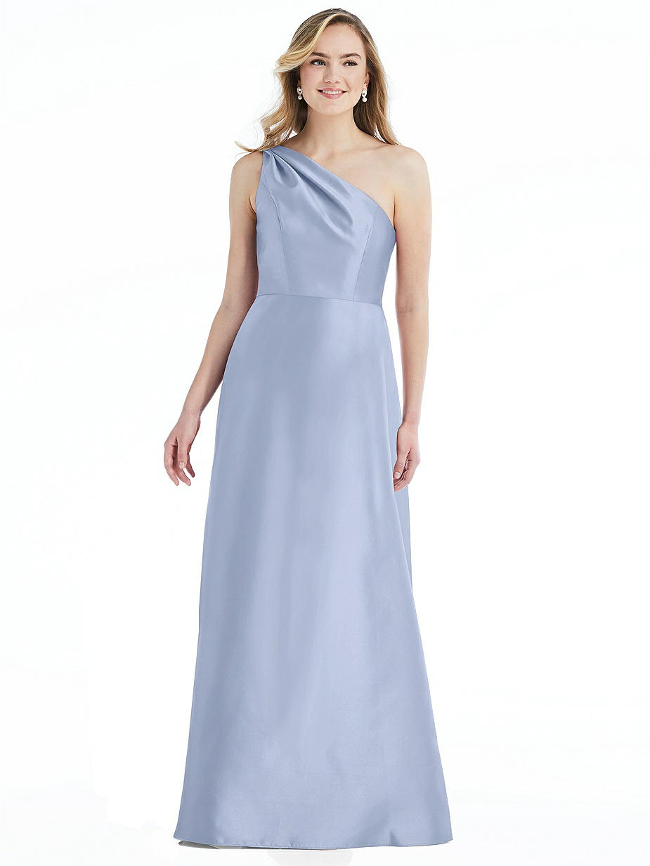 dusty blue one shoulder drape midi dress Blue Draped One Shoulder Dress With Sequin Detail