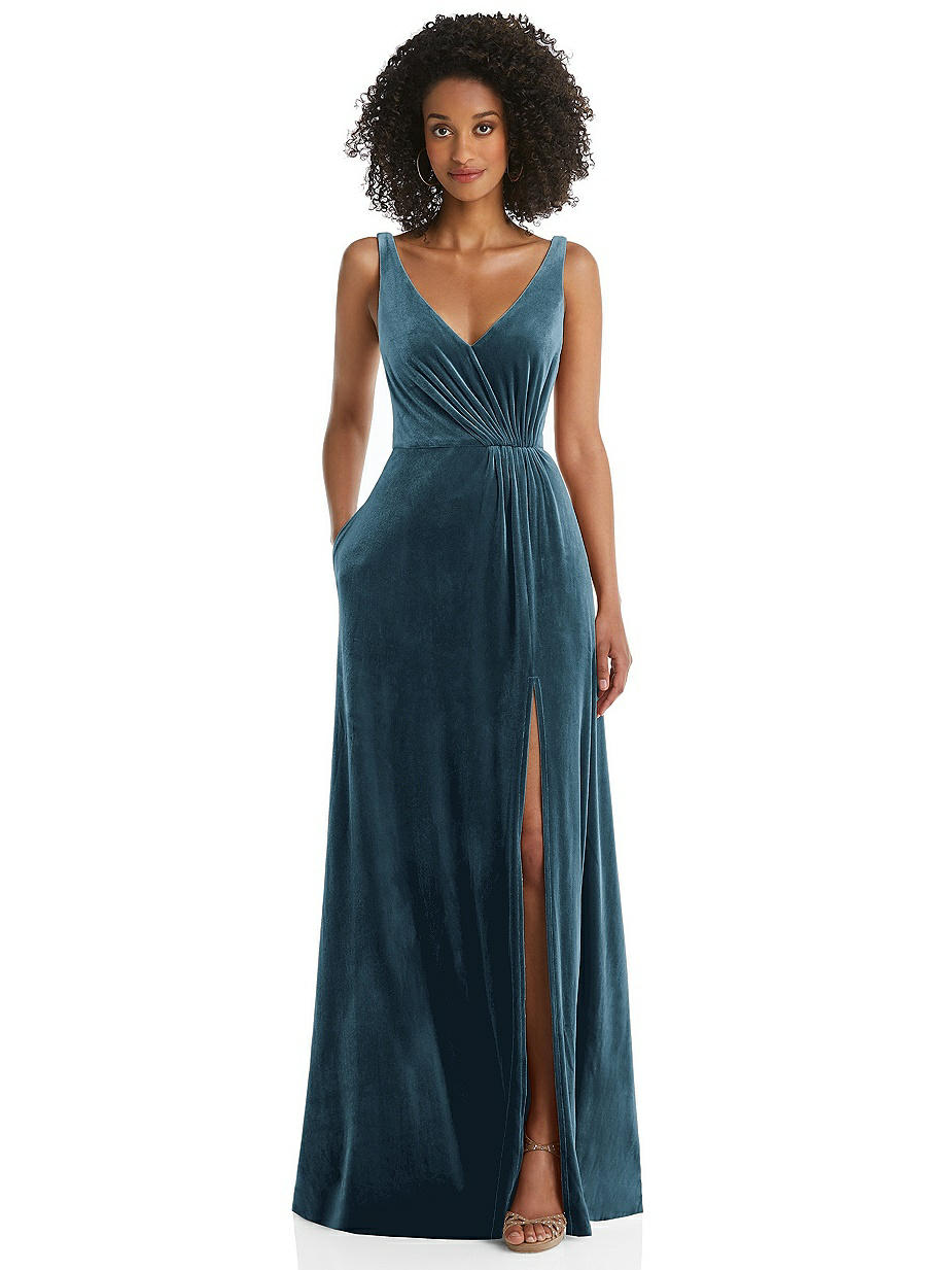 royal blue velvet bridesmaid dresses Navy Velvet Wrap V Neckline Dress Flutter Sleeves main image 0