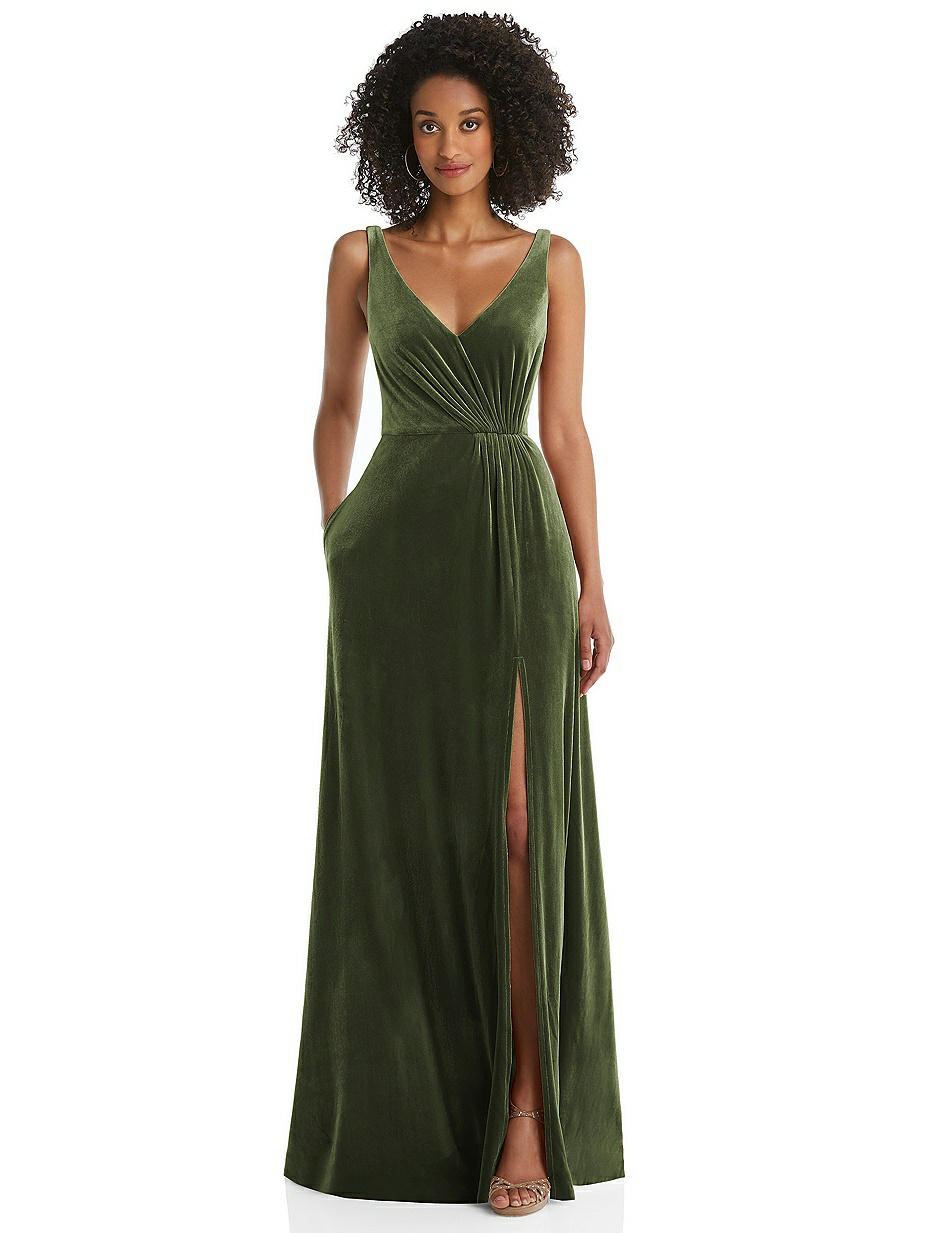 green emerald velvet dress Lovell Smocked Midi Dress, Deep Olive Satin main image 1