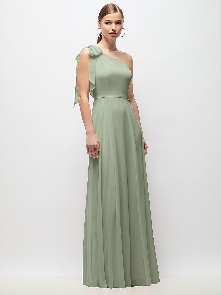 open lace back dress One Shoulder Satin Ruched Bridesmaid Dress - Sage