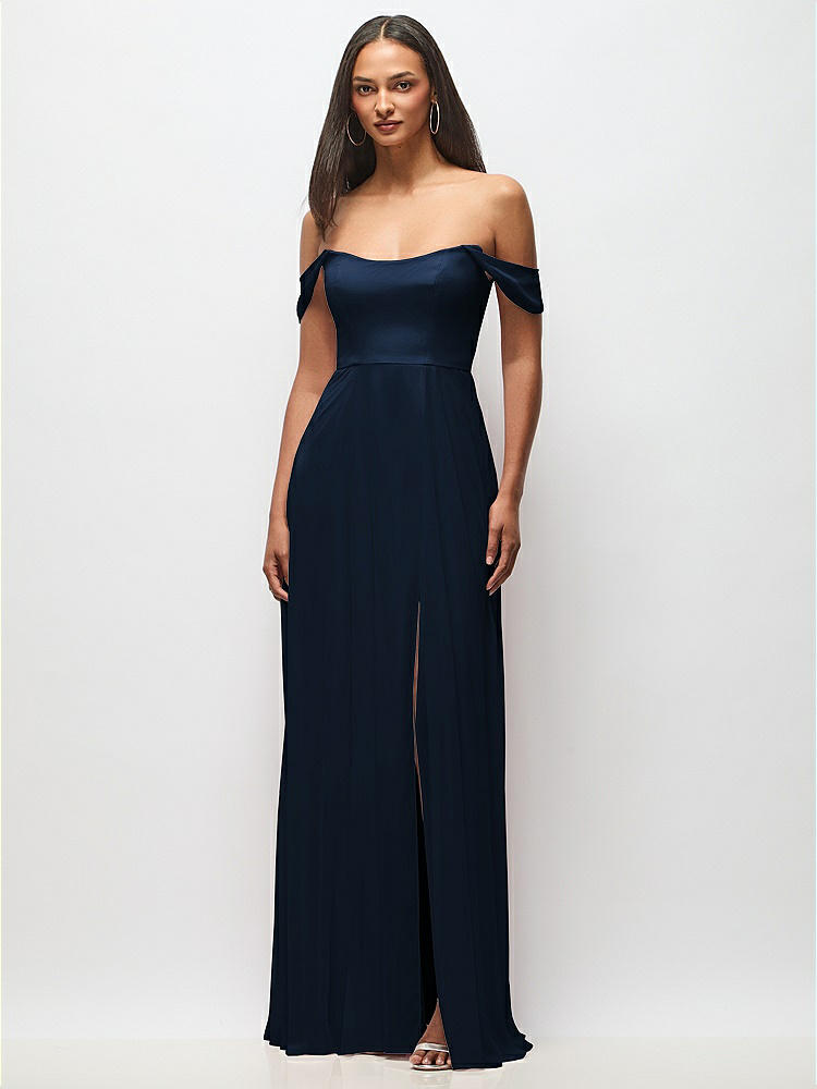 Off-the-Shoulder Basque Neck Maxi Dress with Flounce Sleeves in  Midnight Navy
