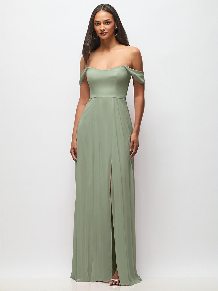 Sage Off-The-Shoulder Bridesmaid Dresses Sage Off-The-Shoulder Bridesmaid Dresses