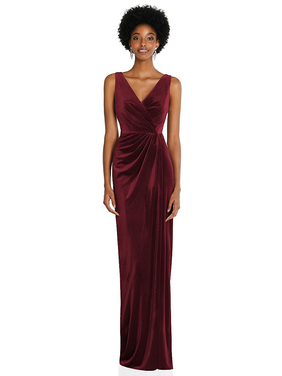 open lace back dress Dark Berry V Neck A Line Simple Velvet Bridesmaid Dresses – TANYA BRIDAL main image 0