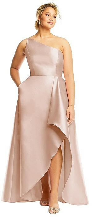 One-Shoulder Satin Gown with Draped Front Slit and Pockets