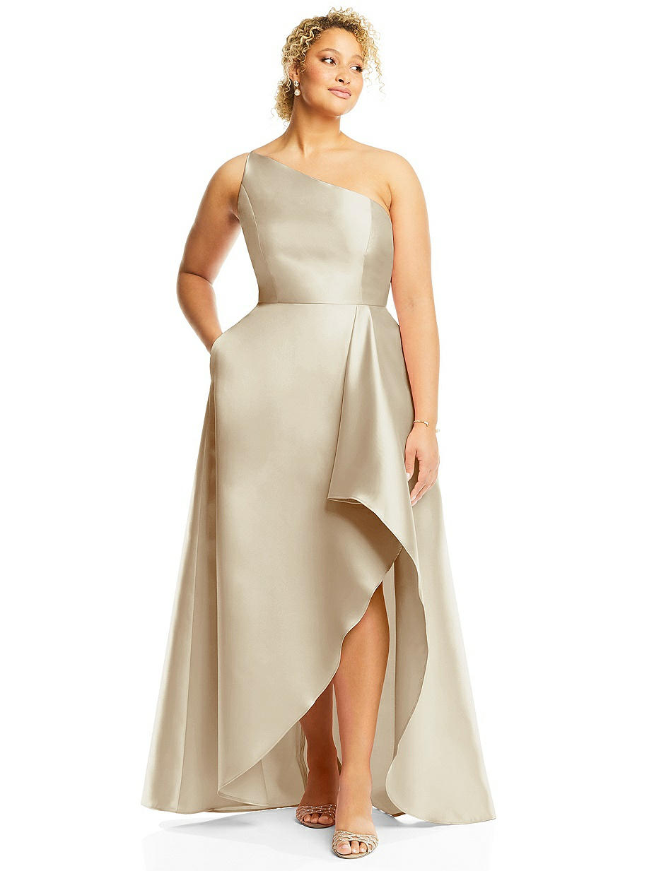 sachin and babi light blue dress Champagne One Shoulder Satin Long Bridesmaid Dresses main image 1