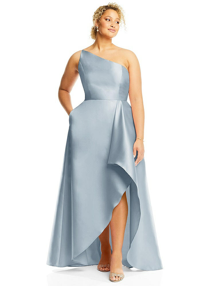 One-Shoulder Satin Gown with Draped Front Slit and Pockets in  Mist