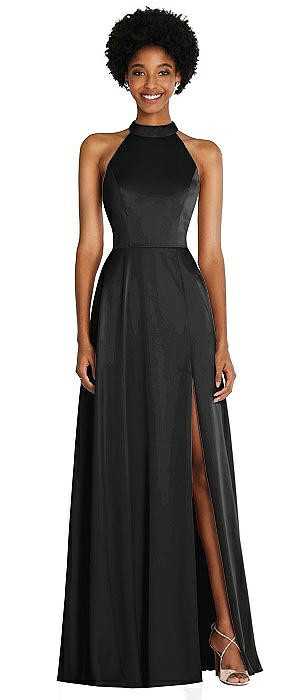 Stand Collar Cutout Tie Back Maxi Dress with Front Slit