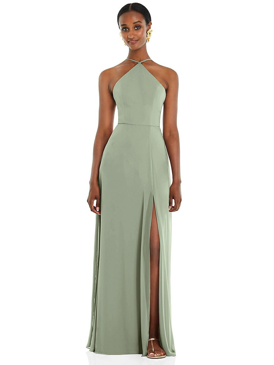 slim fit dress slacks Zapaka Women Sage Green Bridesmaid Dress with Slit Halter Satin Sheath Ruched Long Wedding Guest Dress, Sage Green / US8 main image 1