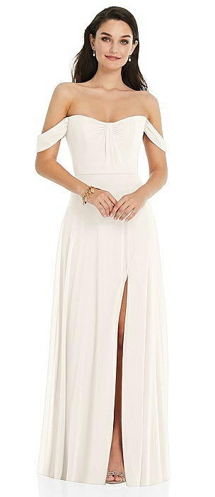 Off-the-Shoulder Draped Sleeve Maxi Dress with Front Slit