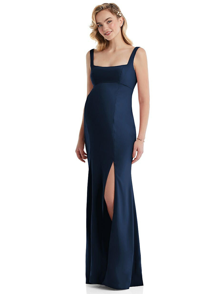 dark blue halter prom dress Navy Blue Halter Front Slit Spaghetti Straps A-Line Tulle Prom Dress main image 1