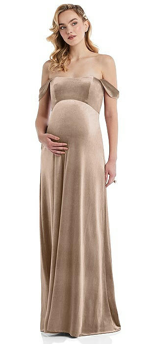Off-the-Shoulder Flounce Sleeve Velvet Maternity Dress
