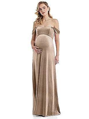 Off-the-Shoulder Flounce Sleeve Velvet Maternity Dress: Dessy M453