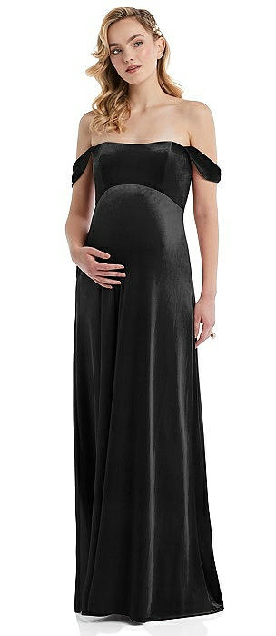 Off-the-Shoulder Flounce Sleeve Velvet Maternity Dress