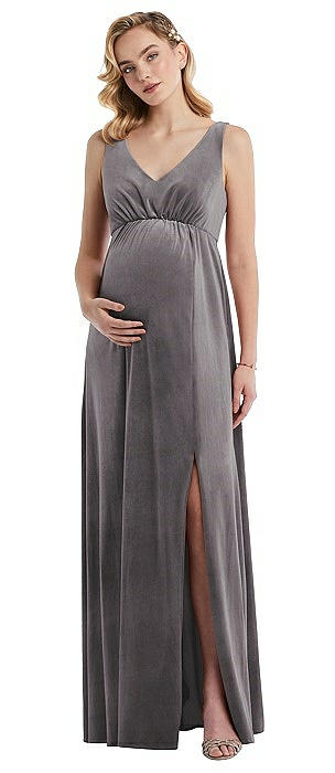 V-Neck Closed-Back Velvet Maternity Dress with Pockets