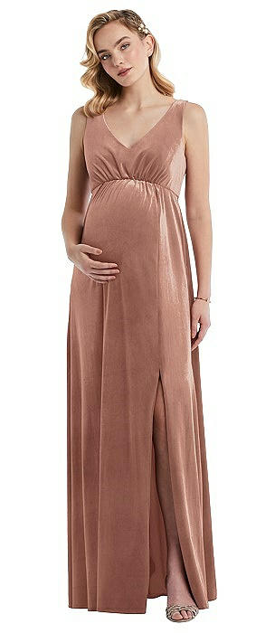 V-Neck Closed-Back Velvet Maternity Dress with Pockets