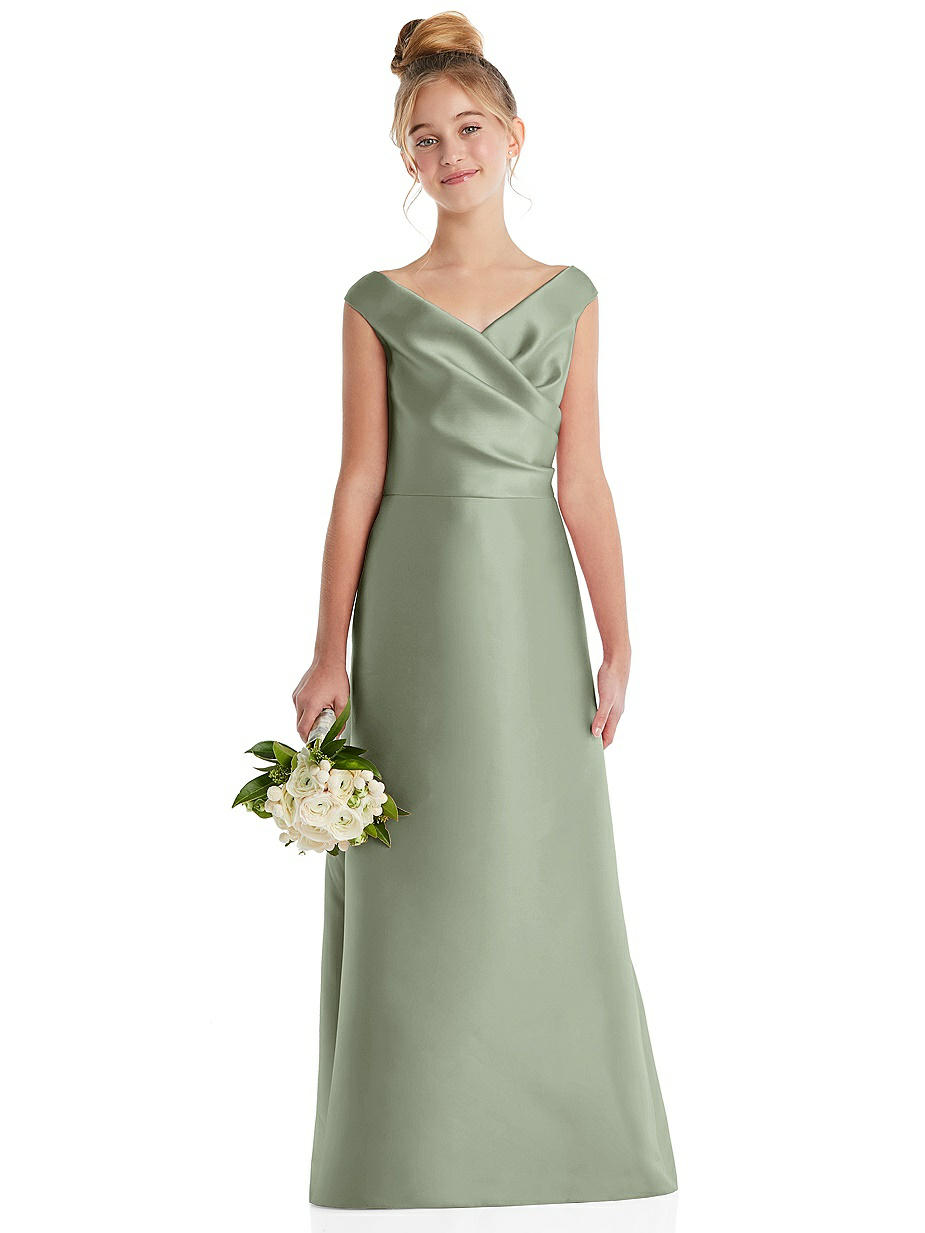 sage green junior bridesmaid dresses Long One-Shoulder Flower Girl Dress – Junior Bridesmaid Gown for Girls