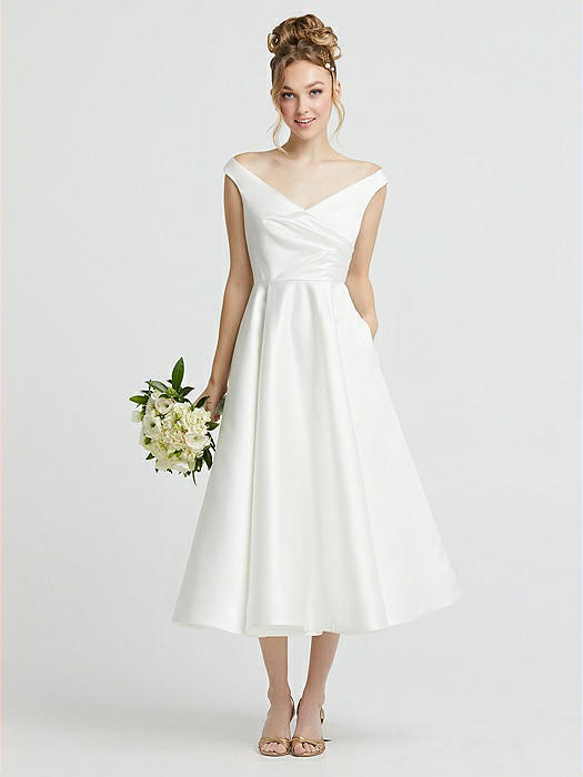 Off White Draped Off-the-Shoulder Satin Wedding Dress with Pockets