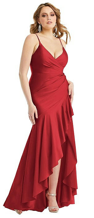 Pleated Wrap Ruffled High Low Stretch Satin Gown with Slight Train
