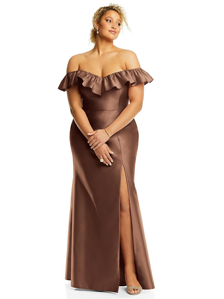 women brunch dresses Dalia Off Shoulder Satin Maxi Dress - Dark Chocolate main image 0