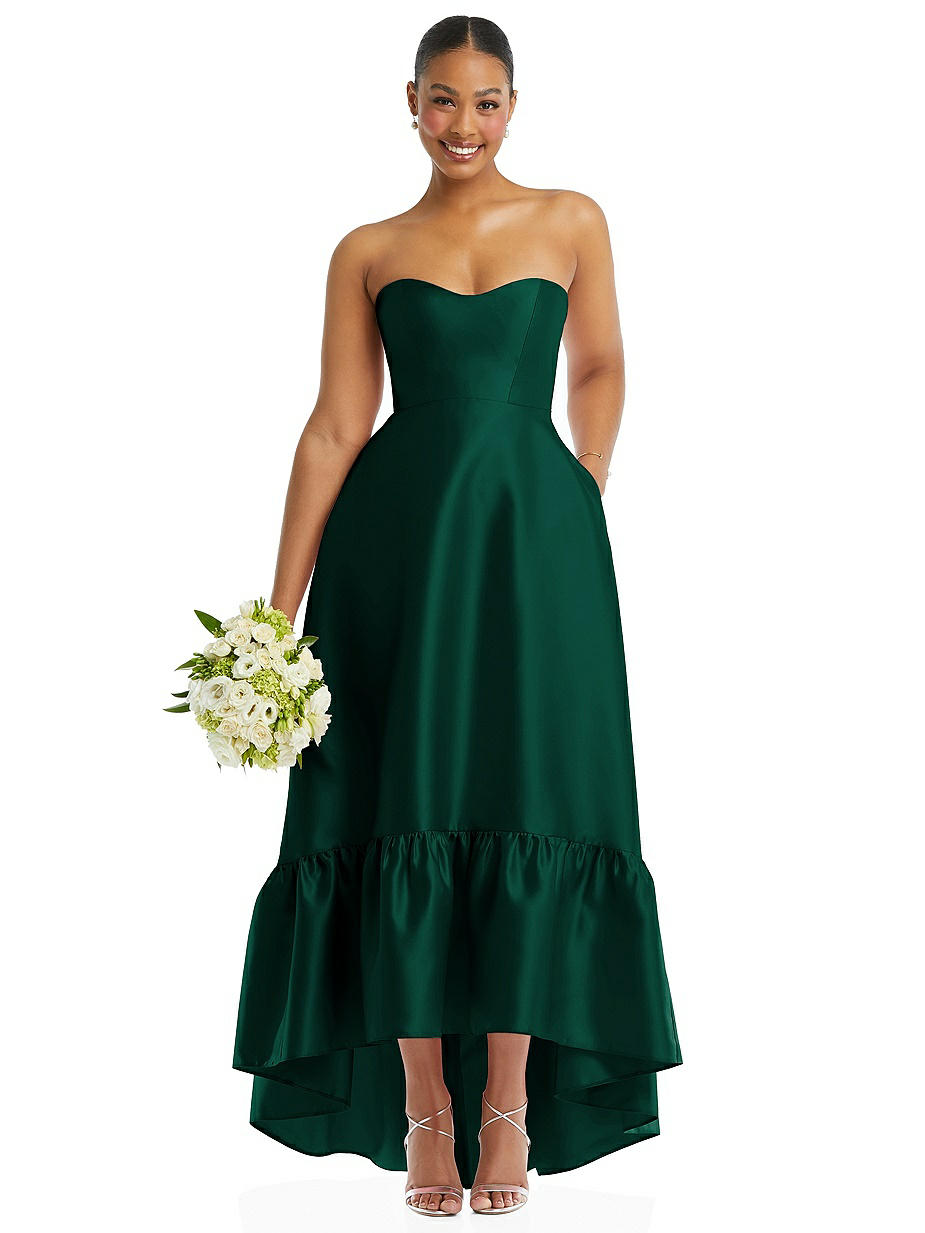slim fit dress slacks Off-The-Shoulder Strapless Elastic Satin Emerald Green Bridesmaid Dresses Pic Color / US14