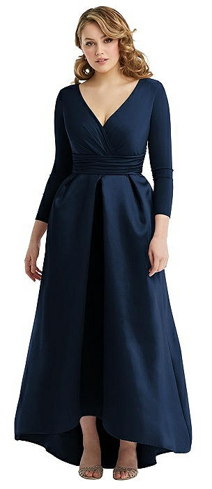 Long Sleeve Wrap Dress with High Low Full Skirt and Pockets