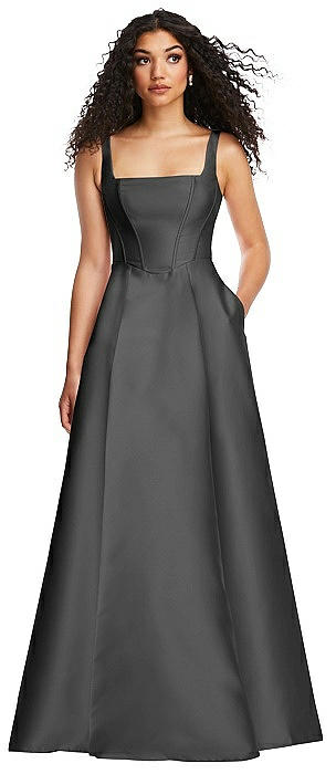 Boned Corset Closed-Back Satin Gown with Full Skirt and Pockets