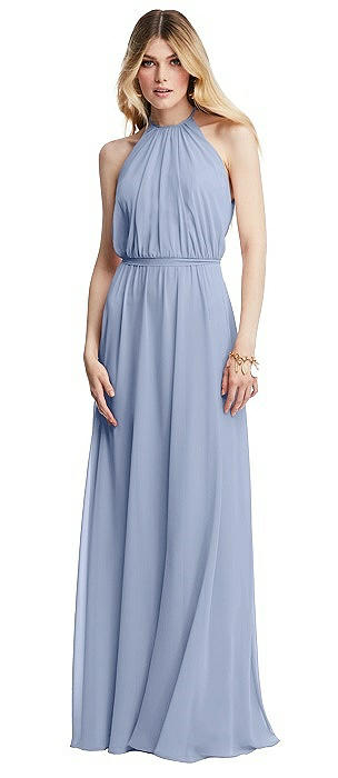 Illusion Back Halter Maxi Dress with Covered Button Detail