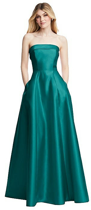 Strapless Bias Cuff Bodice Satin Gown with Pockets