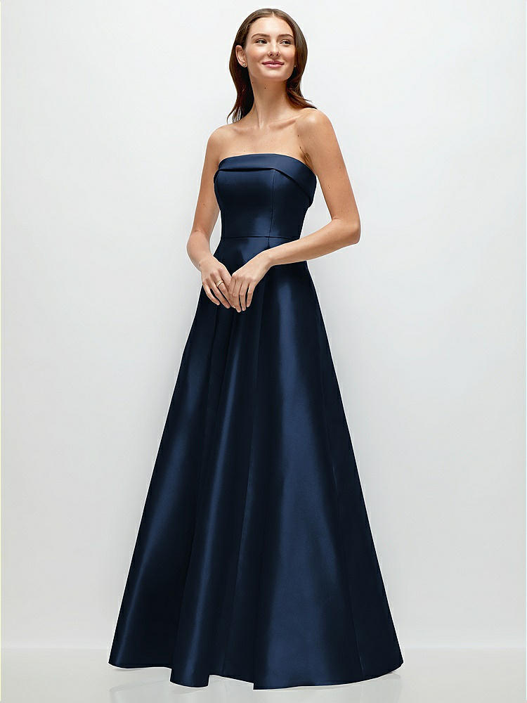 Strapless Bias Cuff Bodice Satin Gown with Pockets in  Midnight Navy