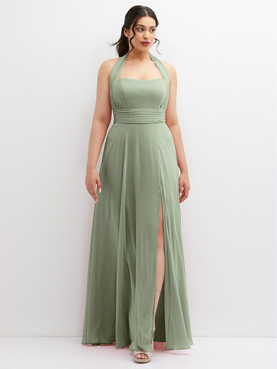slim fit dress slacks Berylove Women Sage Green Maxi Bridesmaid Dress with Pleated Halter Chiffon A Line Wedding Party Guest Dress, Dusty Sage / US26W main image 1