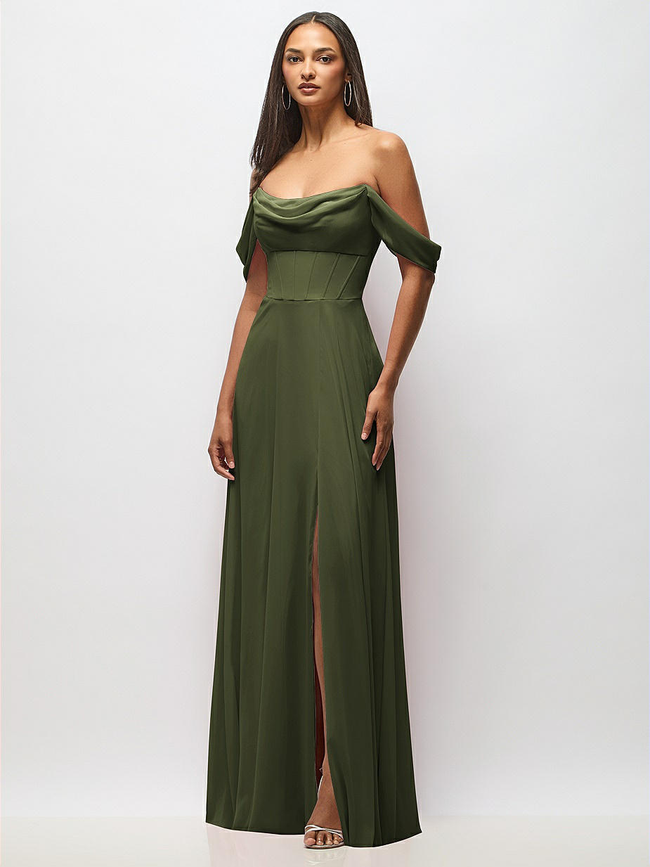 green emerald velvet dress BABARONI Off The Shoulder Chiffon Full Length Dress-Olive Green, Olive Green / US0