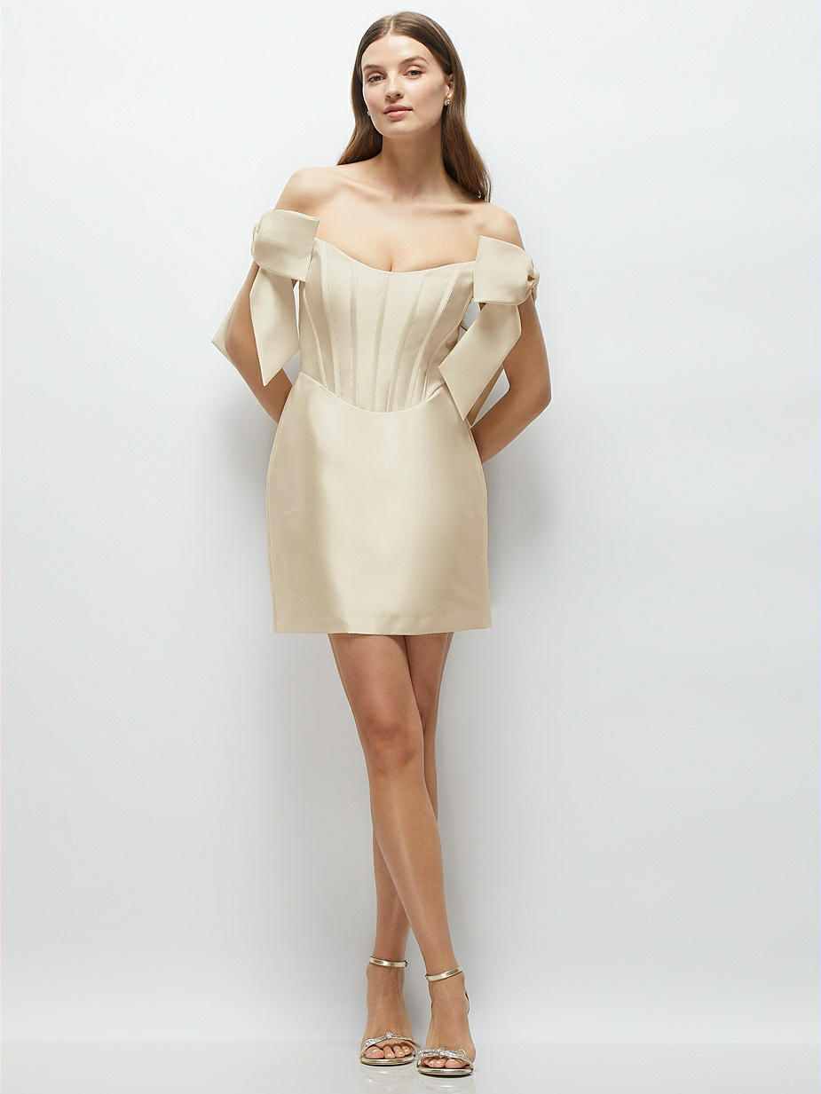 dessy cocktail dresses Strapless Pleated Draped Satin Mini Dress with Dramatic Long Tail Bow & Covered Buttons