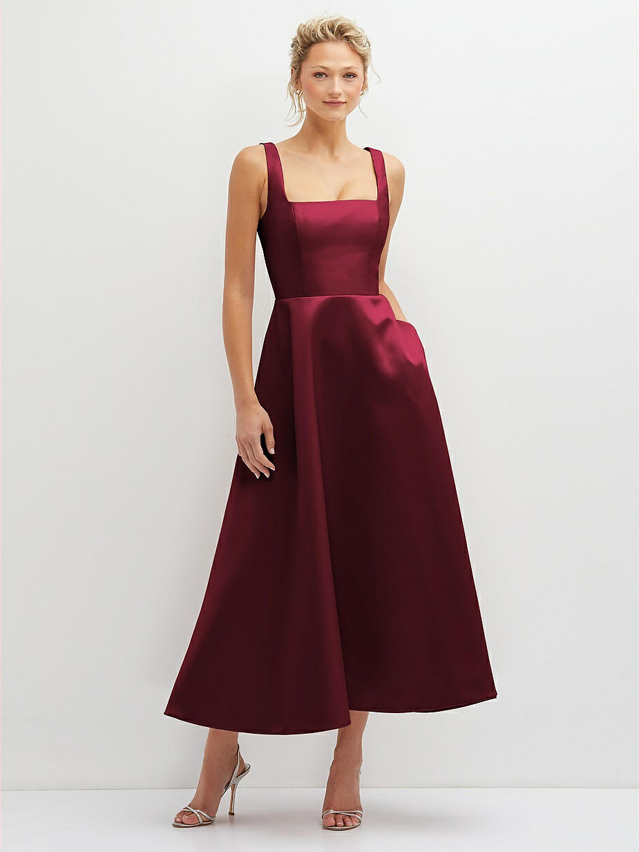 slim fit dress slacks Wine Red Square Neck A-Line Midi Dress main image 0