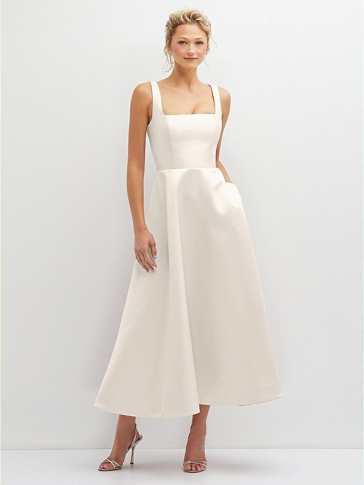 Square Neck Satin Midi Dress with Full Skirt & Pockets in  Ivory